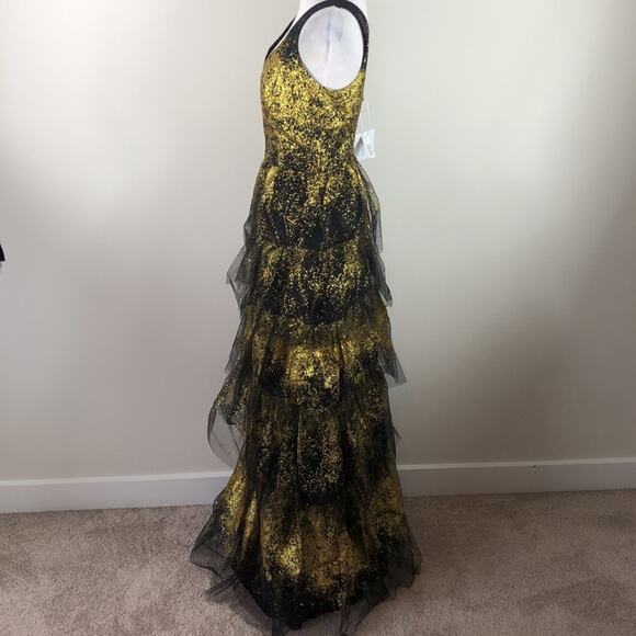 Marchesa Notte Gold Sleeveless V-Neck Tulle Dress Black Glitter Size 4 - Picture 6 of 6